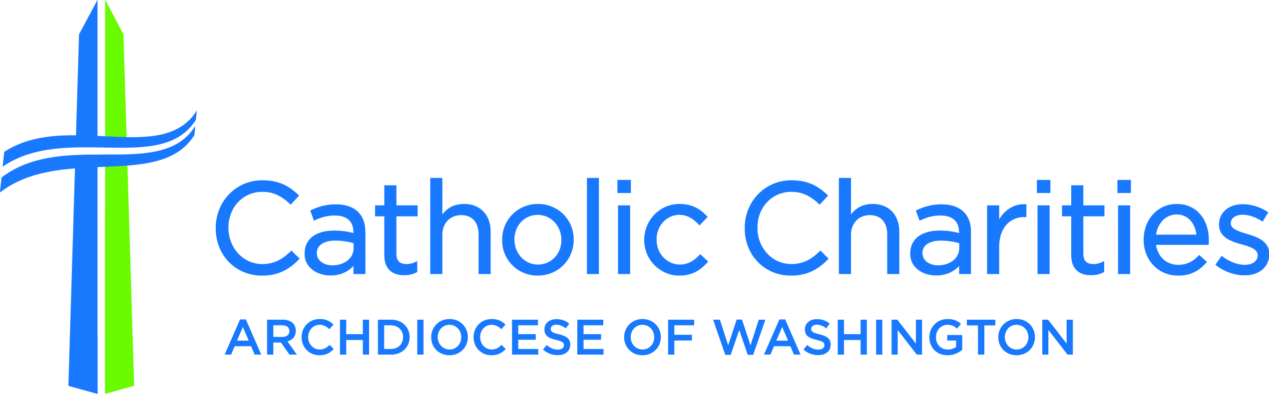 Logo of Catholic Charities Archdiocese of Washington, featuring a stylized blue and green Washington Monument and text to the right, designed by Further Digital.