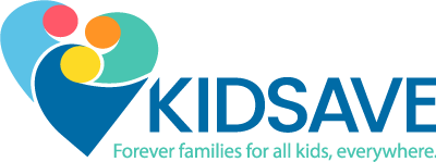 Kidsave logo featuring a stylized blue heart with three colorful circles inside and the tagline, 