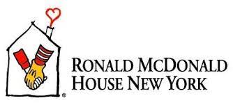 Logo of Ronald McDonald House New York, designed by Further Digital, shows a house outline with two hands shaking inside—one in a red-and-white striped sleeve—with a heart above the chimney.