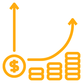 Yellow icons of a dollar sign, stacks of coins, and upward arrows illustrate financial growth or increasing profits on a white background, symbolizing Analytics & Attribution.
