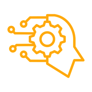 Yellow outline of a human head with a gear and connected nodes inside, symbolizing technology, innovation, artificial intelligence, as well as analytics & attribution.