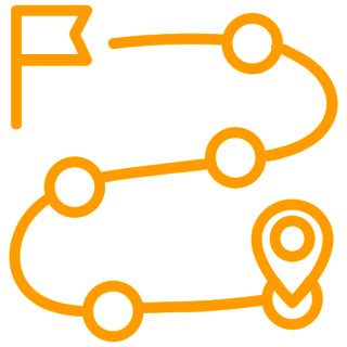 A simplified orange line map with six circular waypoints and one location pin icon indicating a destination, perfect for visualizing Analytics & Attribution journeys.