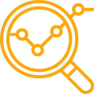 Yellow magnifying glass icon focusing on a circular diagram with connected nodes, symbolizing analytics and attribution in research or analysis.