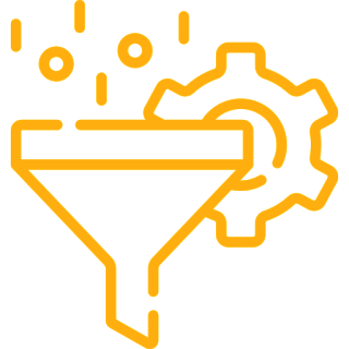 Yellow line art icon showing a hand holding a coin with a dollar sign, surrounded by gear and small circles, representing financial management, analytics & attribution in economic processes.