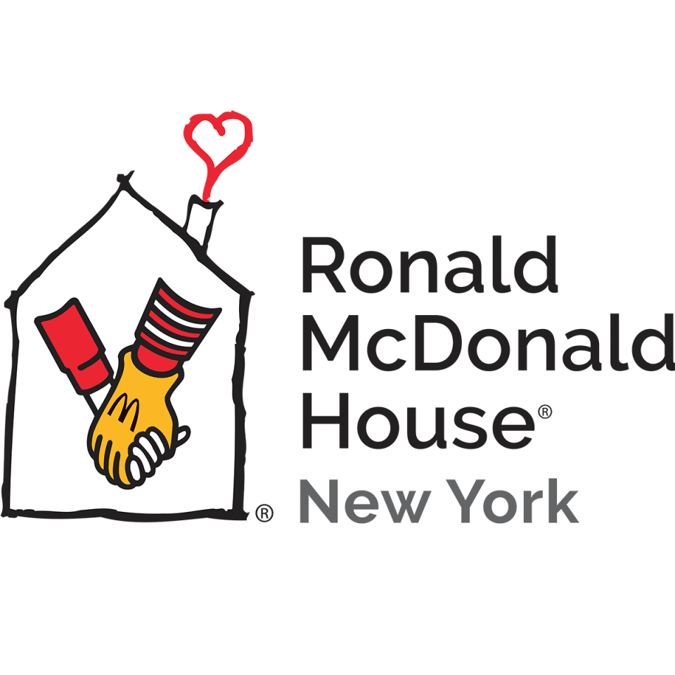 Logo of Ronald McDonald House New York shows a house outline with two hands shaking inside—one in a red-and-white striped sleeve—with a heart above the chimney.
